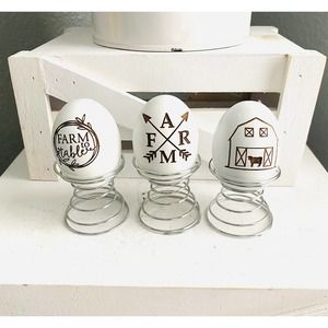 Set of 3 Farmhouse Inspired Farm Symbol Themed Wood Egg & Stand